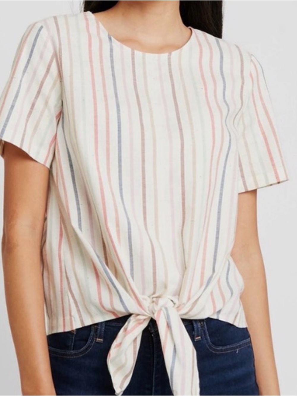 MADEWELL WOMEN'S RAINBOW STRIPE SHORT SLEEVE BUTTON-BACK TIE TEE TOP Sz XS